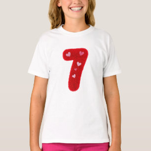 Söt Röd Luddig Nummer 7 Rosa Hjärtan Födelsedagsfl T Shirt