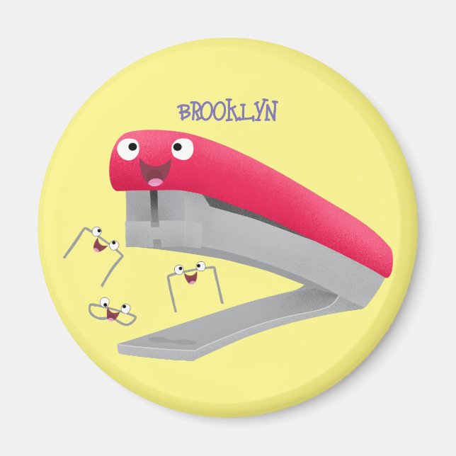 Söt röd lycklig häftapparat serieillustration  magnet (Framsidan)