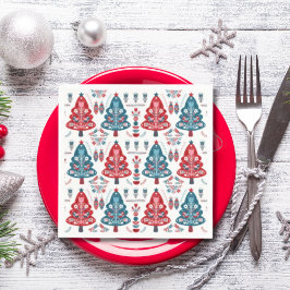 Söt röd och blå julgran nordisk mönster pappersservett