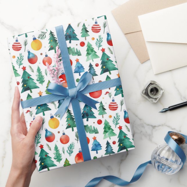 Söt röd och grön julgran tall akvarell presentpapper (Gifting)