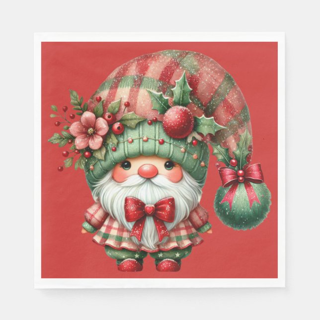SÖT RÖD OCH GRÖN JULTOMTE PAPPERSSERVETT (Framsidan)