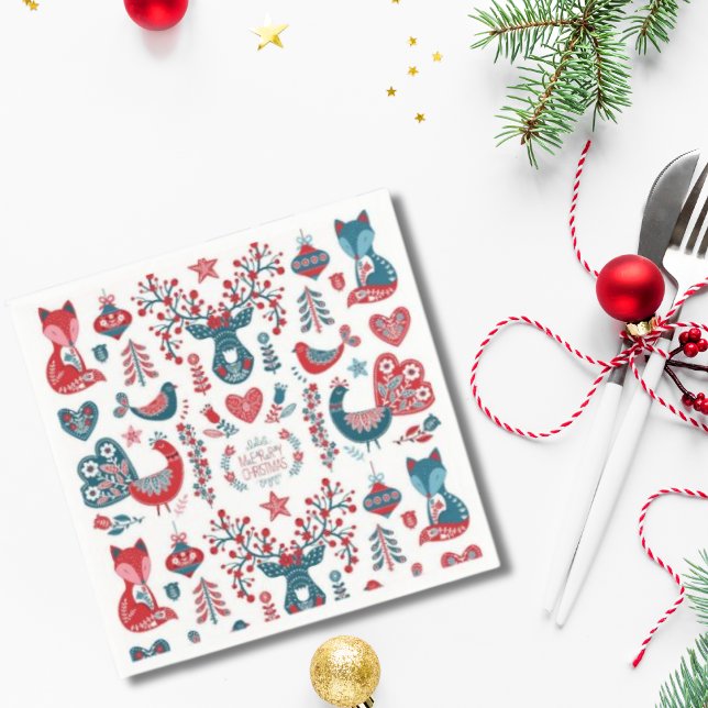 Söt röd och marinblå jul skandinavisk folkkonst pappersservett (Skapare uppladdad)
