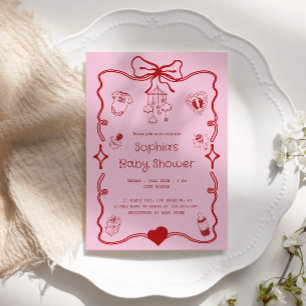 Söt röd och rosa babyfest för flickor eller pojkar inbjudningar