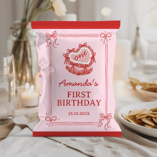 Söt röd och rosa rosett kakkårsfest chipspåse omsl reklamblad