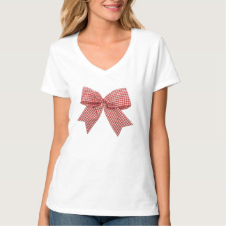 Söt röd och vit gingham-rutig bandbåge V-ringning T Shirt