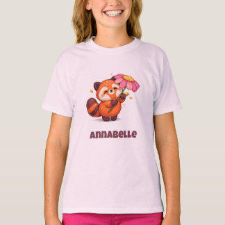 Söt Röd Panda med Blomma T Shirt