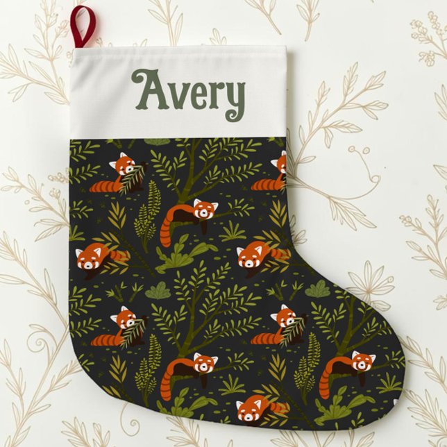 Söt Röd Panda Mörk Skogs Botanisk Stor Julstrumpa (Red panda pattern Christmas stocking in moody black botanical print with personalized name on trim.)