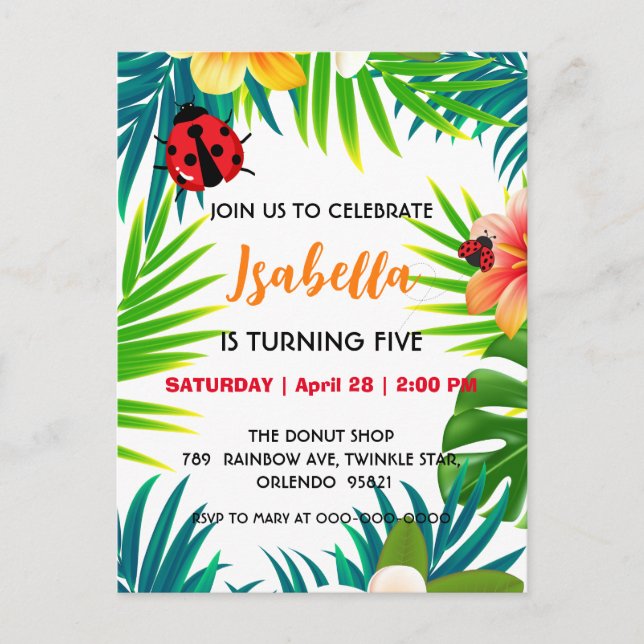Söt röd prickig nyckelpiga sommar djungel födelsed vykort (Framsida)