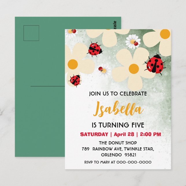 Söt röd prickig nyckelpiga tusensköna blomma födel vykort (Fram/baksida)