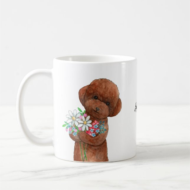 Söt röd pudel doodle Valp Blomma Anpassat Namn Kaffemugg (Vänster)