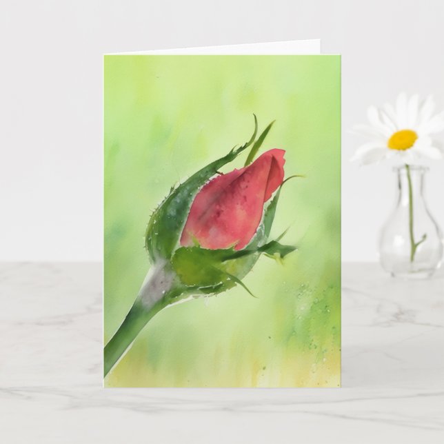 Söt Röd ros Bud Blommigt Art Note Card Kort (Liten växt)