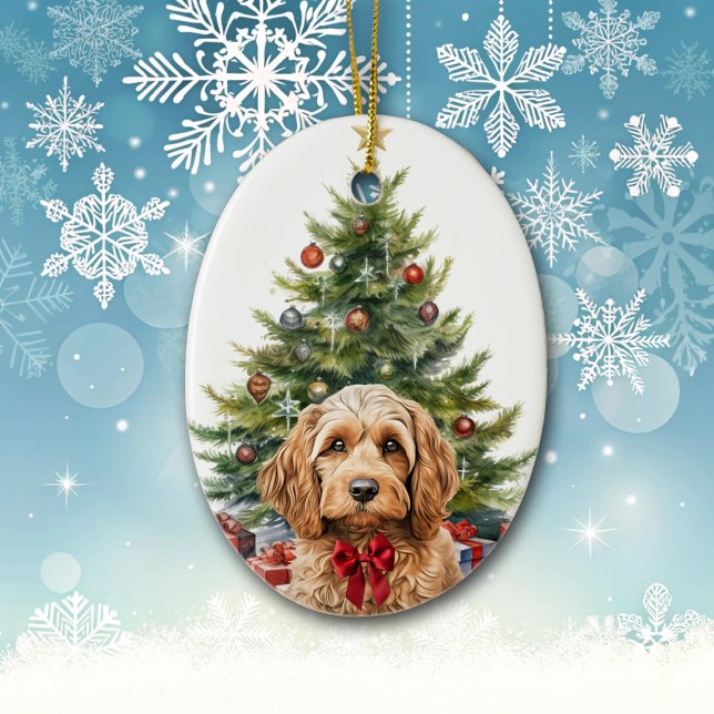 Söt röd rosett Cockapoo hund jul Julgransprydnad Keramik (Skapare uppladdad)