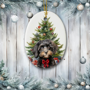 Söt röd rosett Svart Tan Cavapoo Hund Jul Julgransprydnad Keramik