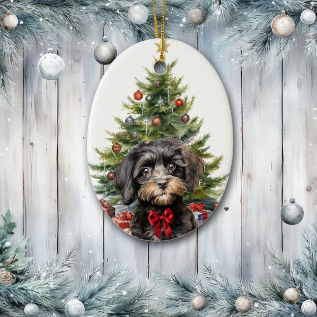 Söt röd rosett Svart Tan Cavapoo Hund Jul Julgransprydnad Keramik (Skapare uppladdad)