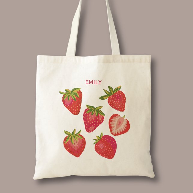 Söt röd sommarjordgubbe tygkasse (Strawberry personalized tote bag.)