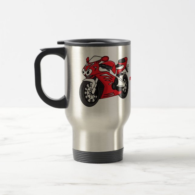 Söt röd sportmotorcykel seriefigur resemugg (Vänster)