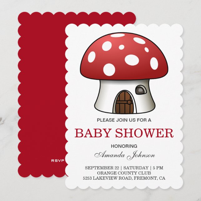 Söt röd svamp hus baby shower inbjudan (Fram/baksida)