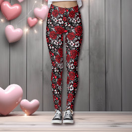 Söt, Röd, Svart och Vit ros, Hjärter Leggings