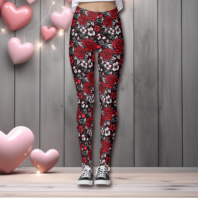 Söt, Röd, Svart och Vit ros, Hjärter Leggings (Skapare uppladdad)
