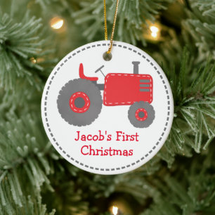 Söt röd traktor babyens första jul julgransprydnad keramik