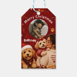 Söt röd vinröd glad jul hundmamma foto presentetikett