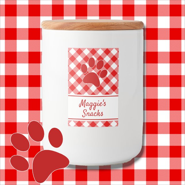 Söt röd-vit gingham-rutig mönster-tass namn mat etikett (Skapare uppladdad)