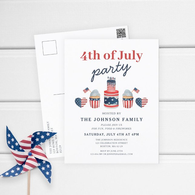 Söt röd vit och blå 4:e juli-fest inbjudan vykort (Patriotic Red White & Blue 4th Of July Party Invitation Postcard)