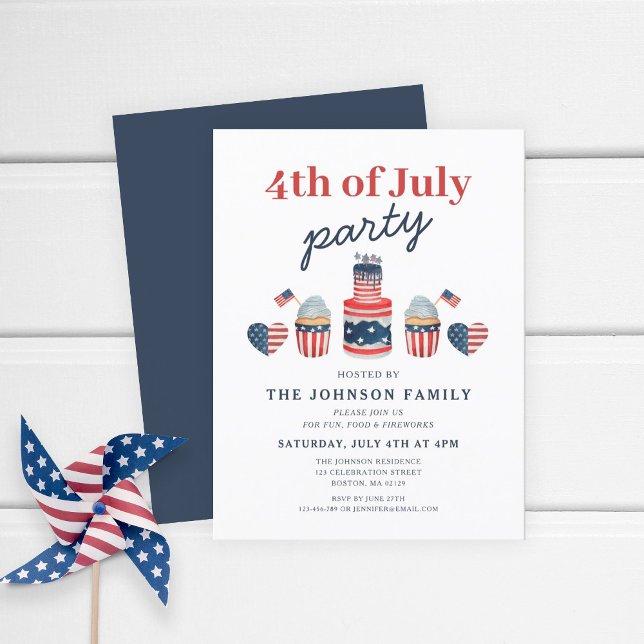 Söt röd vit och blå 4:e juli-fest inbjudan vykort (Patriotic Cute Red White & Blue Cake 4th Of July Invitation Postcard)