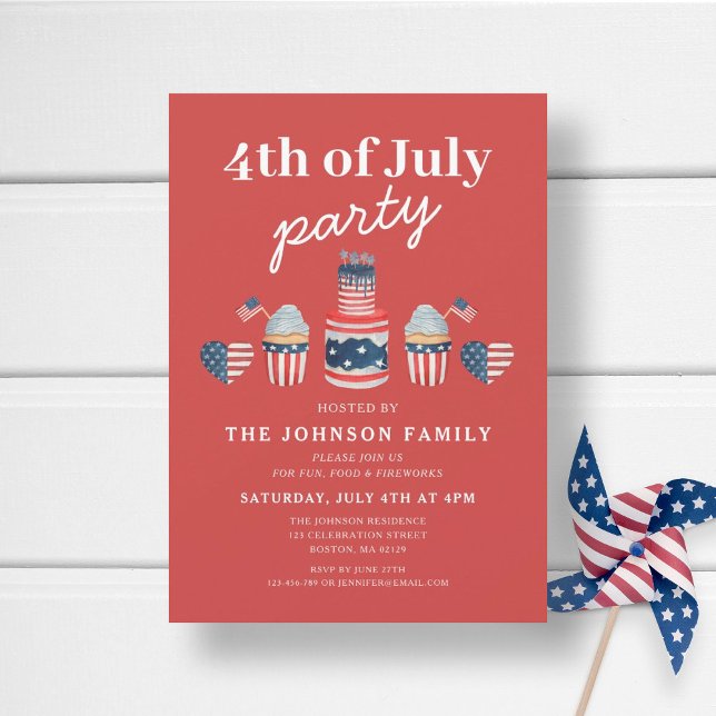 Söt röd vit och blå 4:e juli-fest inbjudningar (Cute Patriotic Red White & Blue 4th Of July Party Invitation)