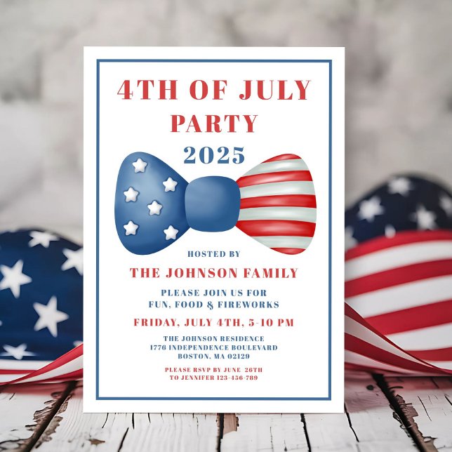 Söt röd, vit och blå rosett 4:e juli inbjudningar (Cute Red, White And Blue Bow 4th Of July Invitation)