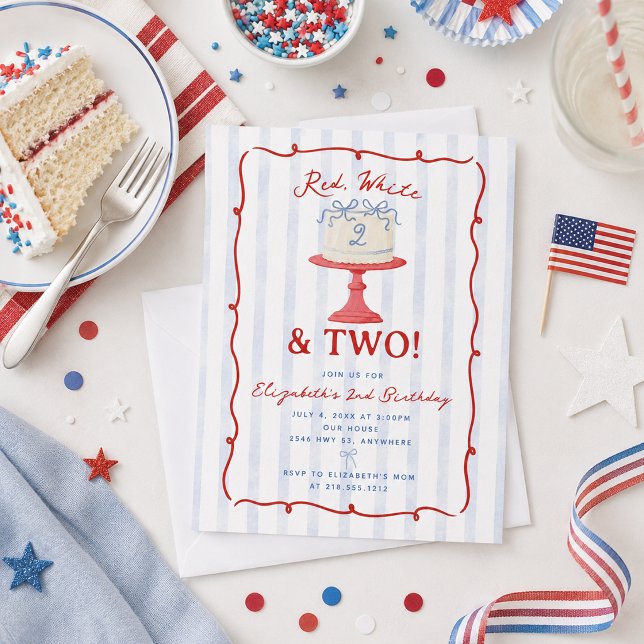 Söt röd, vit och två 2-års födelsedag inbjudningar (Cute Red, White and Two 2nd Birthday Invitation)