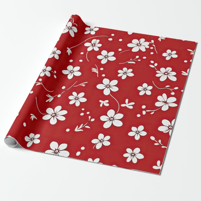 Söt Röda och vita blommor Presentpapper (Utrullad)
