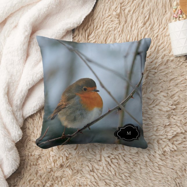 Söt rödbröstad robin-fågel monogram fotot kudde (Filt)