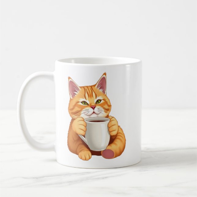Söt rödbrun randig katt som dricker kaffe grafik kaffemugg (Vänster)