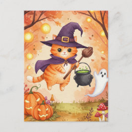 Söt rödhårig häxa katt Halloween vykort