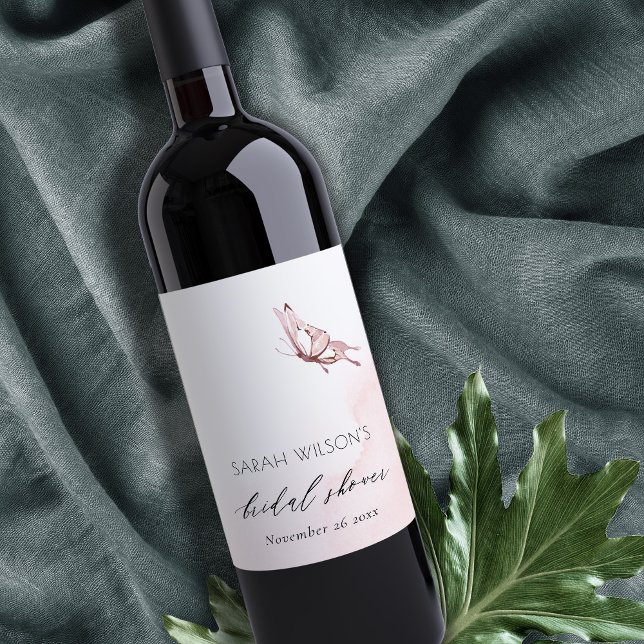 SÖT RODNAD VATTENFÄRG FJÄRIL BRÖLLLOPSDUSCH VINFLASKA ETIKETT (Skapare uppladdad)