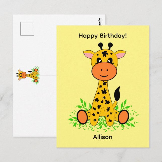 Söt rolig baby-giraff för födelsedag   vykort (Fram/baksida)