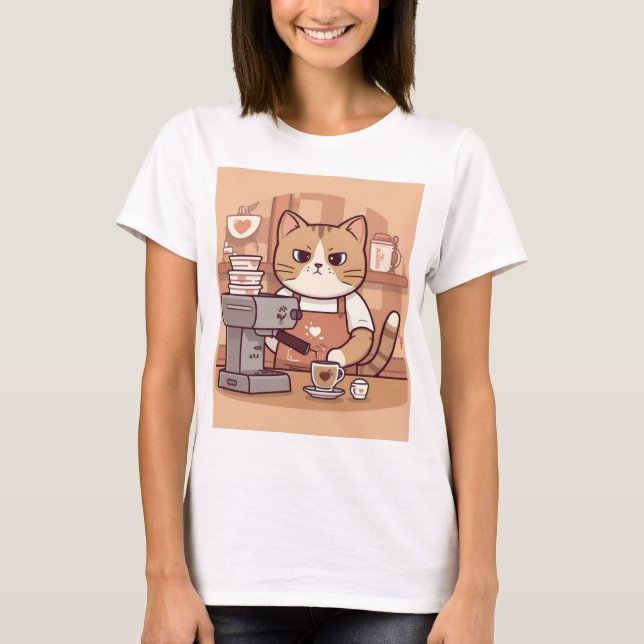 Söt Rolig Barista Katt med Kaffe T-shirt (Framsida)