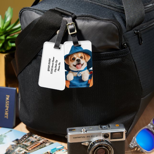 Söt Rolig Blå Hatt Glad Hund Bagagebricka (Fram & Baksida)