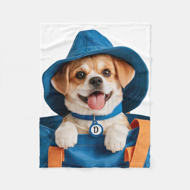 Söt Rolig Blå Hatt Glad Hund Fleecefilt (Framsidan)