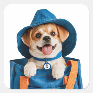 Söt Rolig Blå Hatt Glad Hund Fyrkantigt Klistermärke