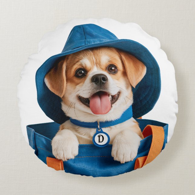 Söt rolig blå hatt Glad hund Rund Kudde (Framsidan)