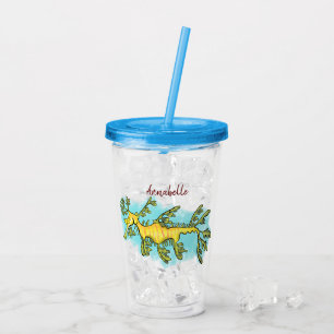 Söt rolig bladig sjöhästdjävul tecknad illustratio take away mugg