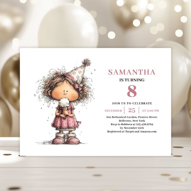 Söt rolig flicka 8-års inbjudan dammig rosa (Cute Funny Girl 8th Birthday Invite Dusty Pink)