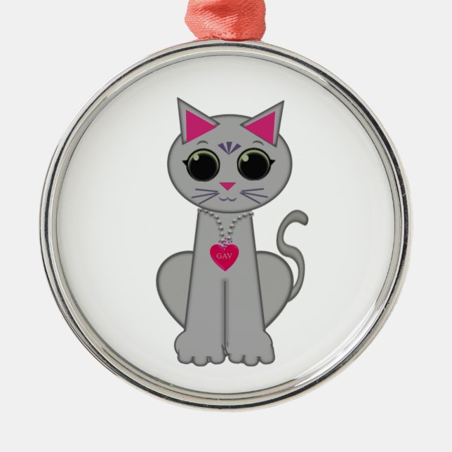 Söt Rolig Glad Grå Katt Julgransprydnad Metall (Framsidan)