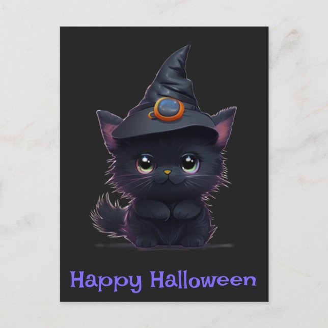 Söt rolig Halloween svart katt Vykort (Framsida)