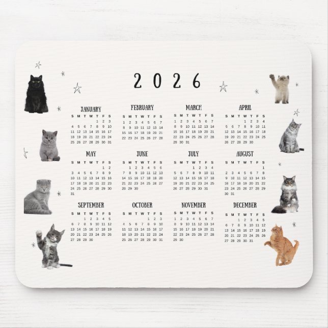 Söt Rolig Katt 2026 Kalender Musmatta (Framsidan)
