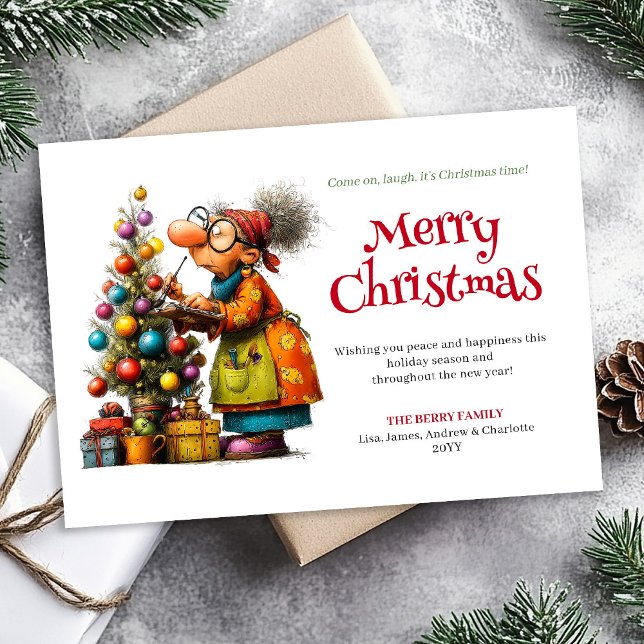 Söt rolig kvinna galen julserie kort (Cute Funny Woman Crazy Christmas Comic Style Greeting Card

)