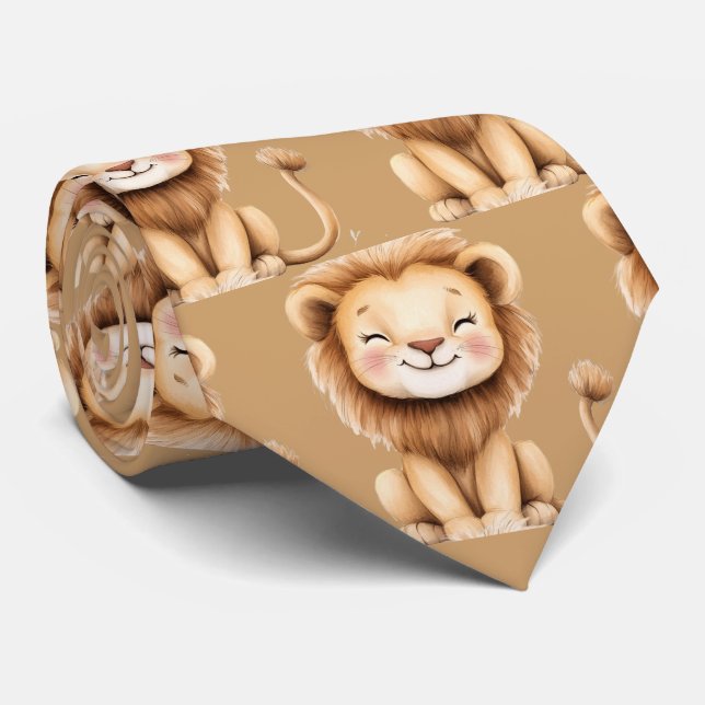 Söt rolig leende lejon brun halsduk slips (Rullad)