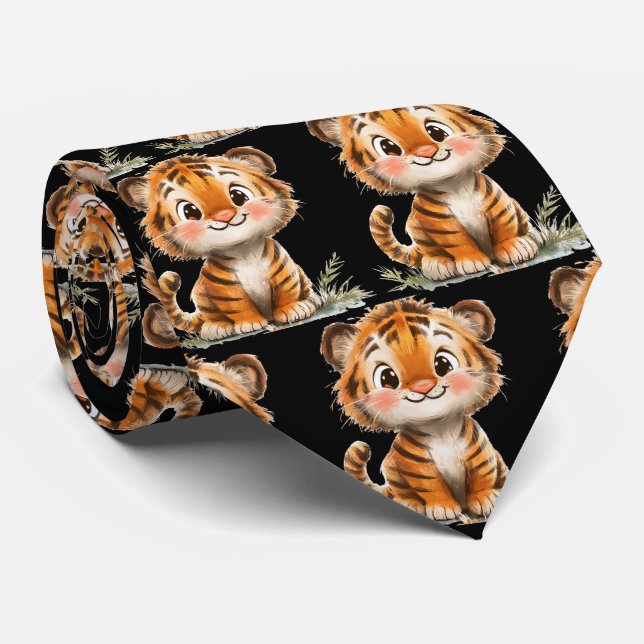 Söt rolig leende tiger svart slips (Rullad)